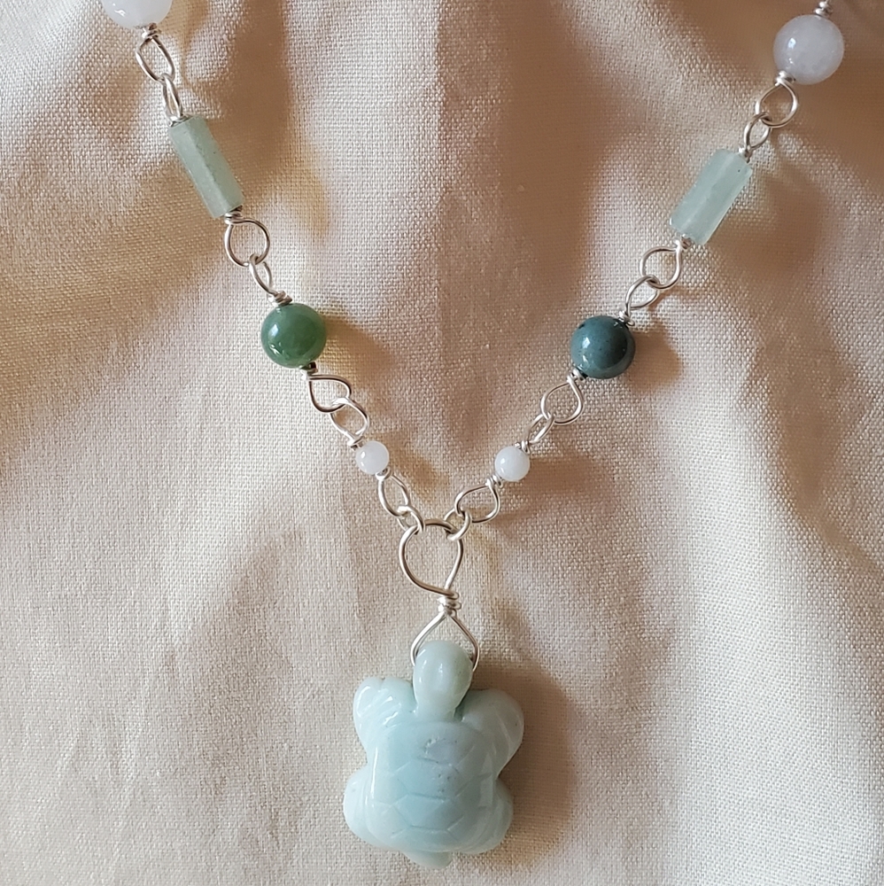 Carved amazonite turtle necklace jadite, adventurine, and agate